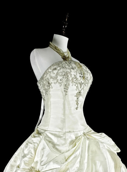 Vintage Wedding Dresses Ball Gown Strapless White Taffeta With Beading Long Bridal Gown N3075