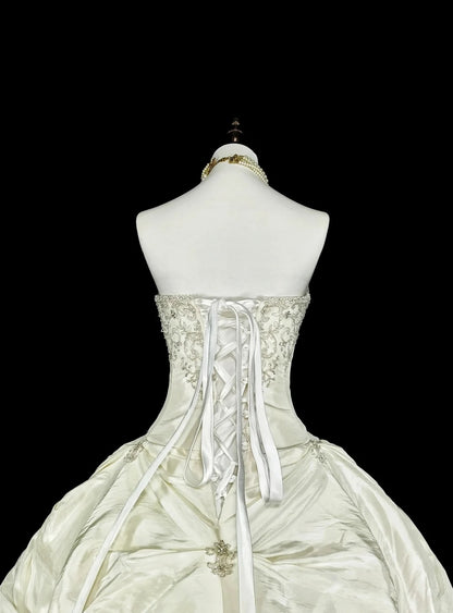 Vintage Wedding Dresses Ball Gown Strapless White Taffeta With Beading Long Bridal Gown N3075