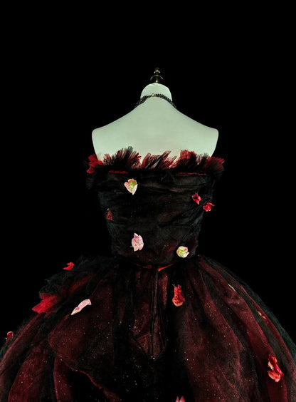 Modest Prom Dresses Ball Gown Strapless Burgundy Tulle With Appliqued Long Quince Dress N3066