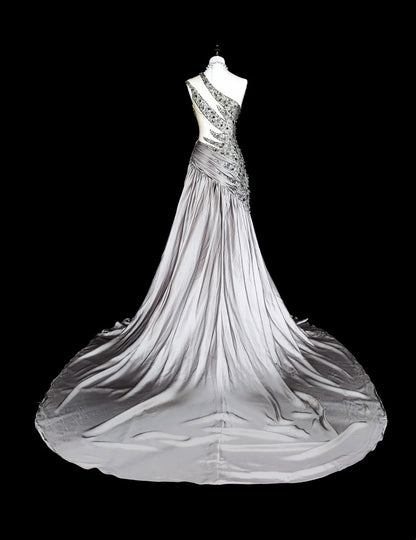Vintage Prom Dresses Aesthetic Mermaid One Shoulder Grey Taffeta Classic Inspo With Crystals Gem Dress N1999