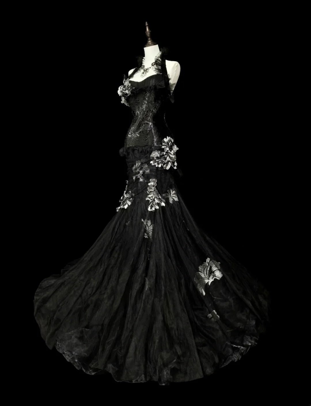 Vintage Prom Dresses Aesthetic 1960s Retro Mermaid Halter Black Lace Long Formal Dress N2148
