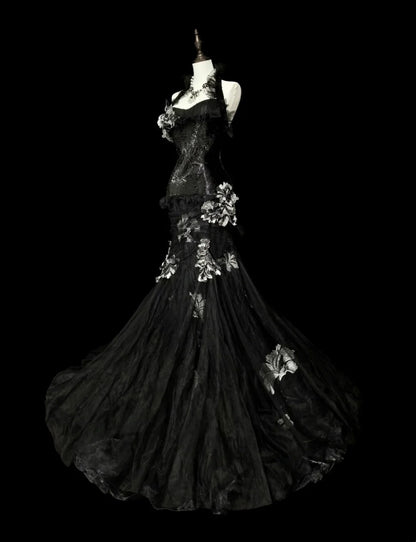 Vintage Prom Dresses Aesthetic 1960s Retro Mermaid Halter Black Lace Long Formal Dress N2148