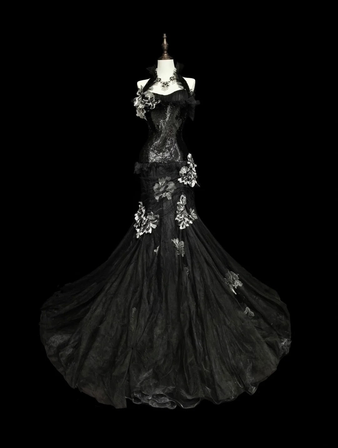 Vintage Prom Dresses Aesthetic 1960s Retro Mermaid Halter Black Lace Long Formal Dress N2148