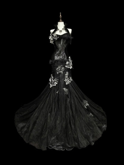Vintage Prom Dresses Aesthetic 1960s Retro Mermaid Halter Black Lace Long Formal Dress N2148
