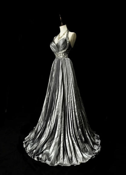 Vintage 1960s Halter Sleeveless Satin Pleated A Line Silver Grey Long Prom Dresses N1575