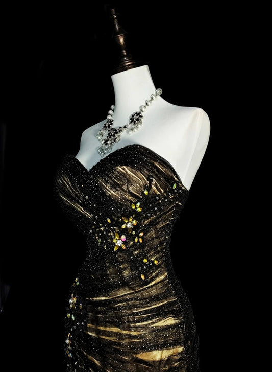 Vintage Mermaid Sweetheart Black Tulle Sleeveless 80s Prom Dresses Long Formal Party Gown N1488