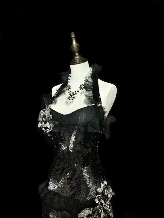 Retro Mermaid Halter Black Tulle With Lace Sleeveless 70s Prom Dresses Long Formal Party Gowns N1500