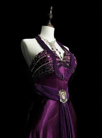 Retro Mermaid Halter Purple Satin With Beaded Sleeveless 70s Prom Dresses Long Formal Party Gowns N1494