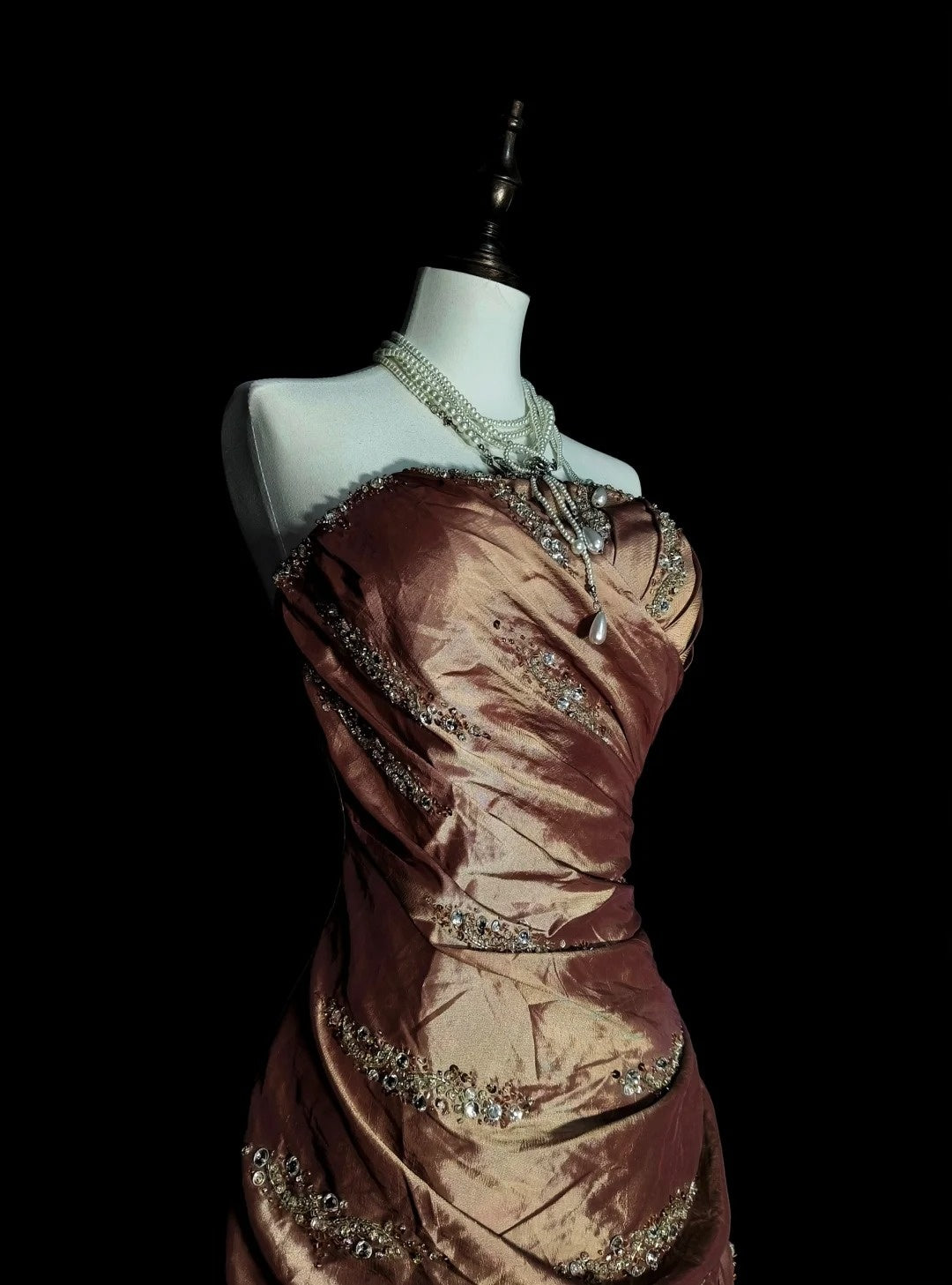 Vintage Mermaid Strapless Brown Beaded Sleeveless 80s Prom Dresses Long Formal Party Gown N1490
