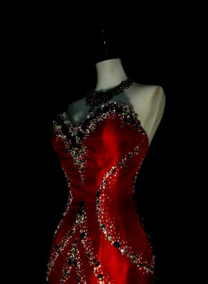 Retro Mermaid Sweetheart Red Satin With Beaded Sleeveless 70s Prom Dresses Long Formal Party Gowns N1492