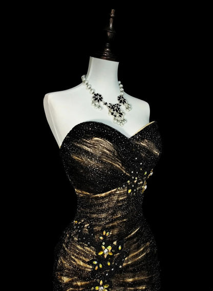 Vintage Mermaid Sweetheart Black Tulle Sleeveless 80s Prom Dresses Long Formal Party Gown N1488