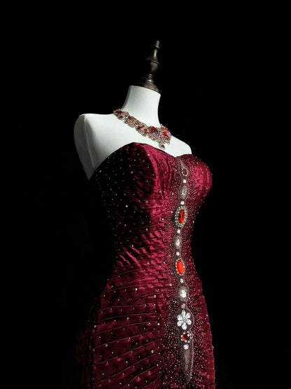 Retro Mermaid Sweetheart Wine Red Burgundy Satin With Beaded Sleeveless 70s Prom Dresses Long Formal Party Gowns N1493