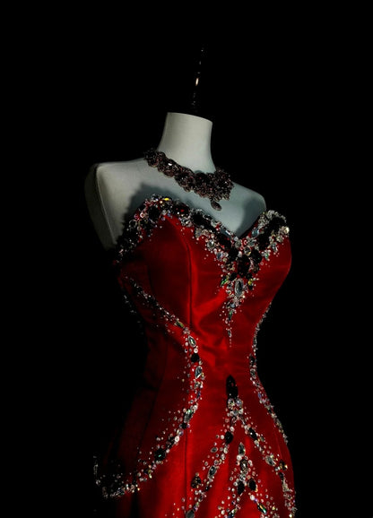 Retro Mermaid Sweetheart Red Satin With Beaded Sleeveless 70s Prom Dresses Long Formal Party Gowns N1492