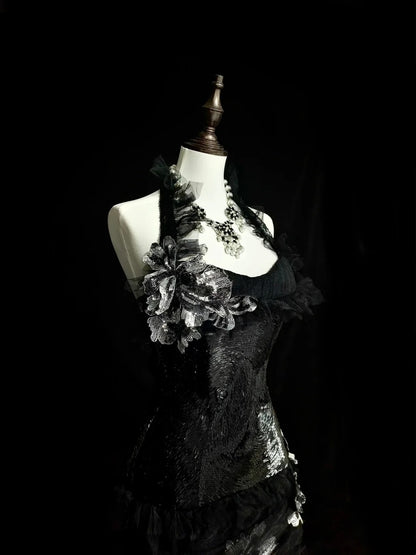 Retro Mermaid Halter Black Tulle With Lace Sleeveless 70s Prom Dresses Long Formal Party Gowns N1500