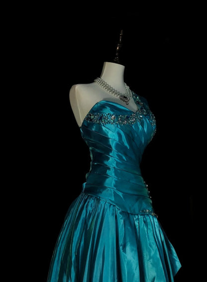 Retro A line One Shoulder Blue Satin Sleeveless 70s Prom Dresses Long Formal Party Gowns N1489