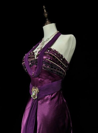 Retro Mermaid Halter Purple Satin With Beaded Sleeveless 70s Prom Dresses Long Formal Party Gowns N1494
