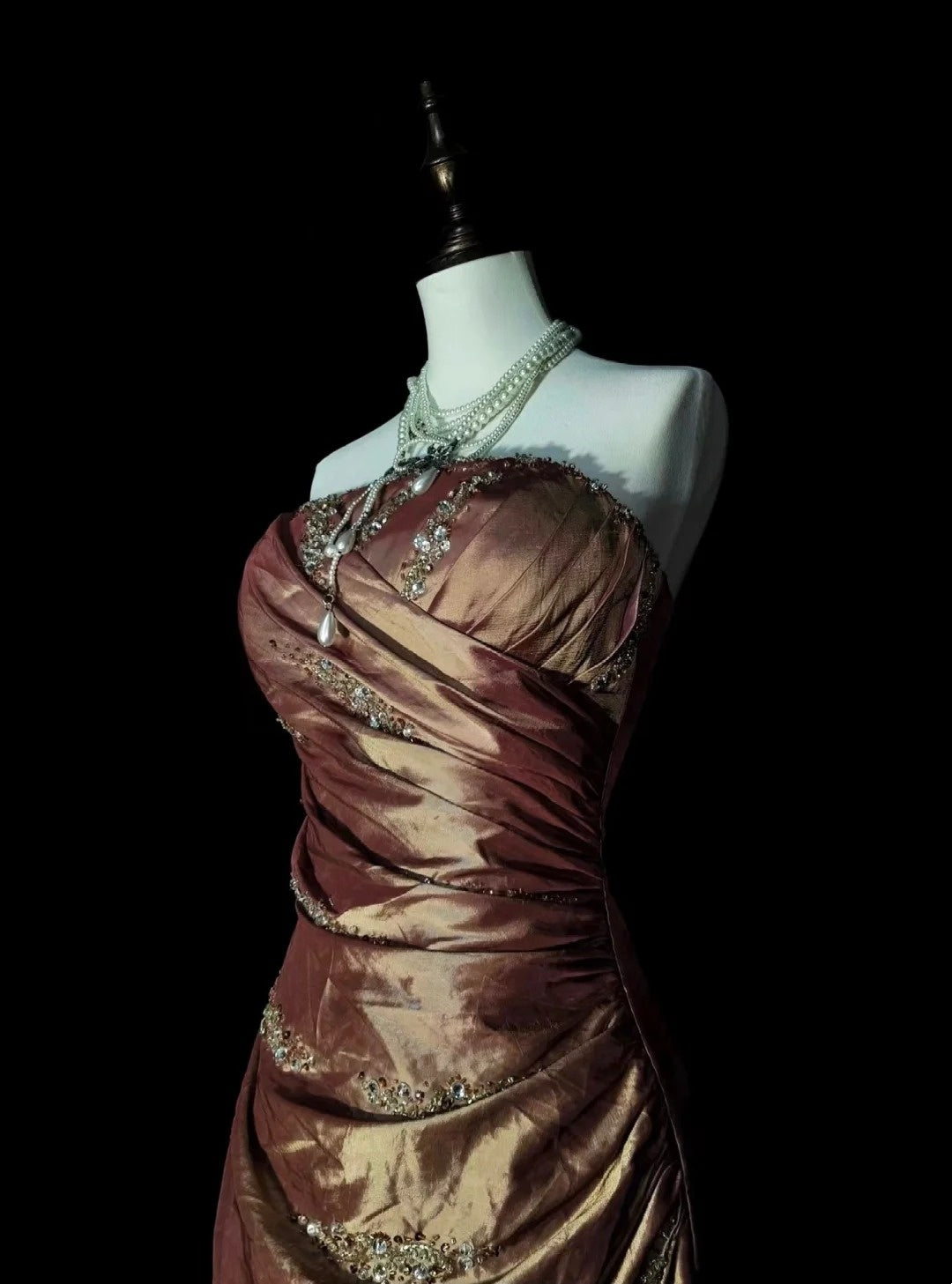 Vintage Mermaid Strapless Brown Beaded Sleeveless 80s Prom Dresses Long Formal Party Gown N1490
