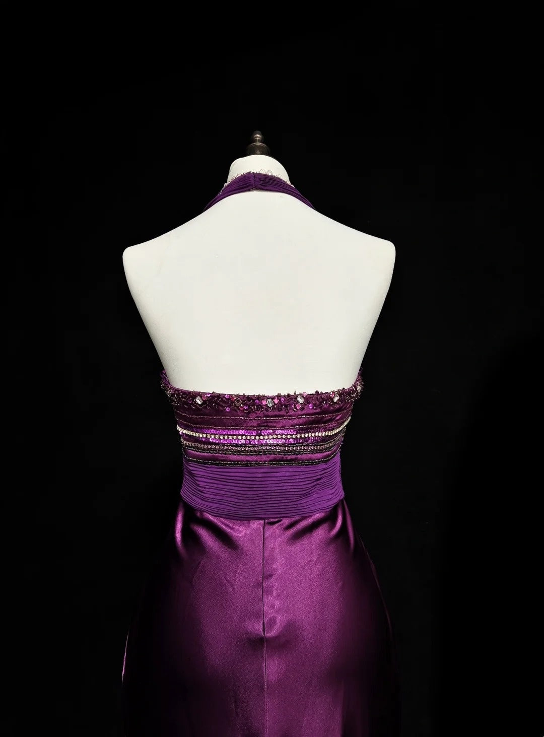 Retro Mermaid Halter Purple Satin With Beaded Sleeveless 70s Prom Dresses Long Formal Party Gowns N1494