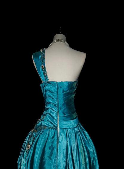 Retro A line One Shoulder Blue Satin Sleeveless 70s Prom Dresses Long Formal Party Gowns N1489