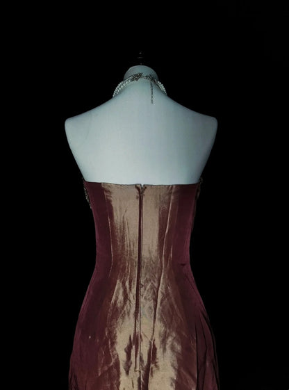Vintage Mermaid Strapless Brown Beaded Sleeveless 80s Prom Dresses Long Formal Party Gown N1490