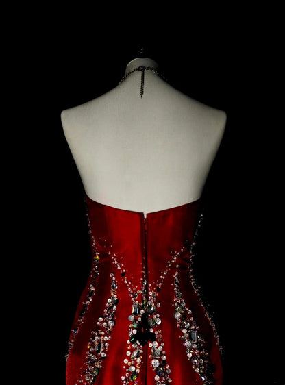 Retro Mermaid Sweetheart Red Satin With Beaded Sleeveless 70s Prom Dresses Long Formal Party Gowns N1492