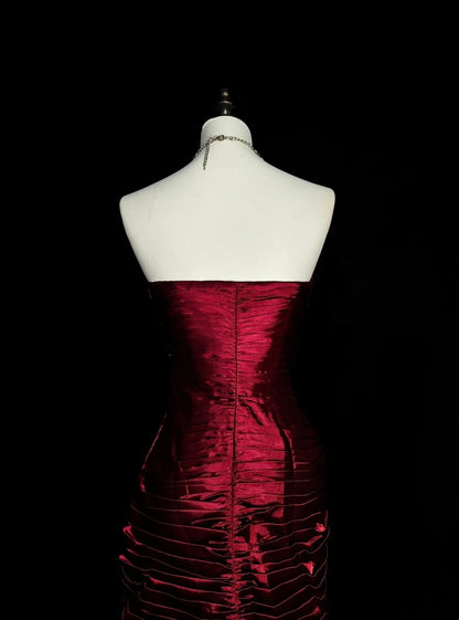 Retro Mermaid Sweetheart Wine Red Burgundy Satin With Beaded Sleeveless 70s Prom Dresses Long Formal Party Gowns N1493