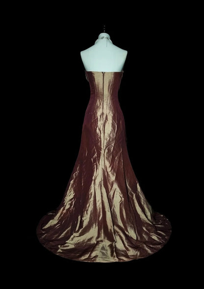 Vintage Mermaid Strapless Brown Beaded Sleeveless 80s Prom Dresses Long Formal Party Gown N1490