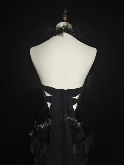 Vintage Prom Dresses Aesthetic 1960s Retro Mermaid Halter Black Lace Long Formal Dress N2148