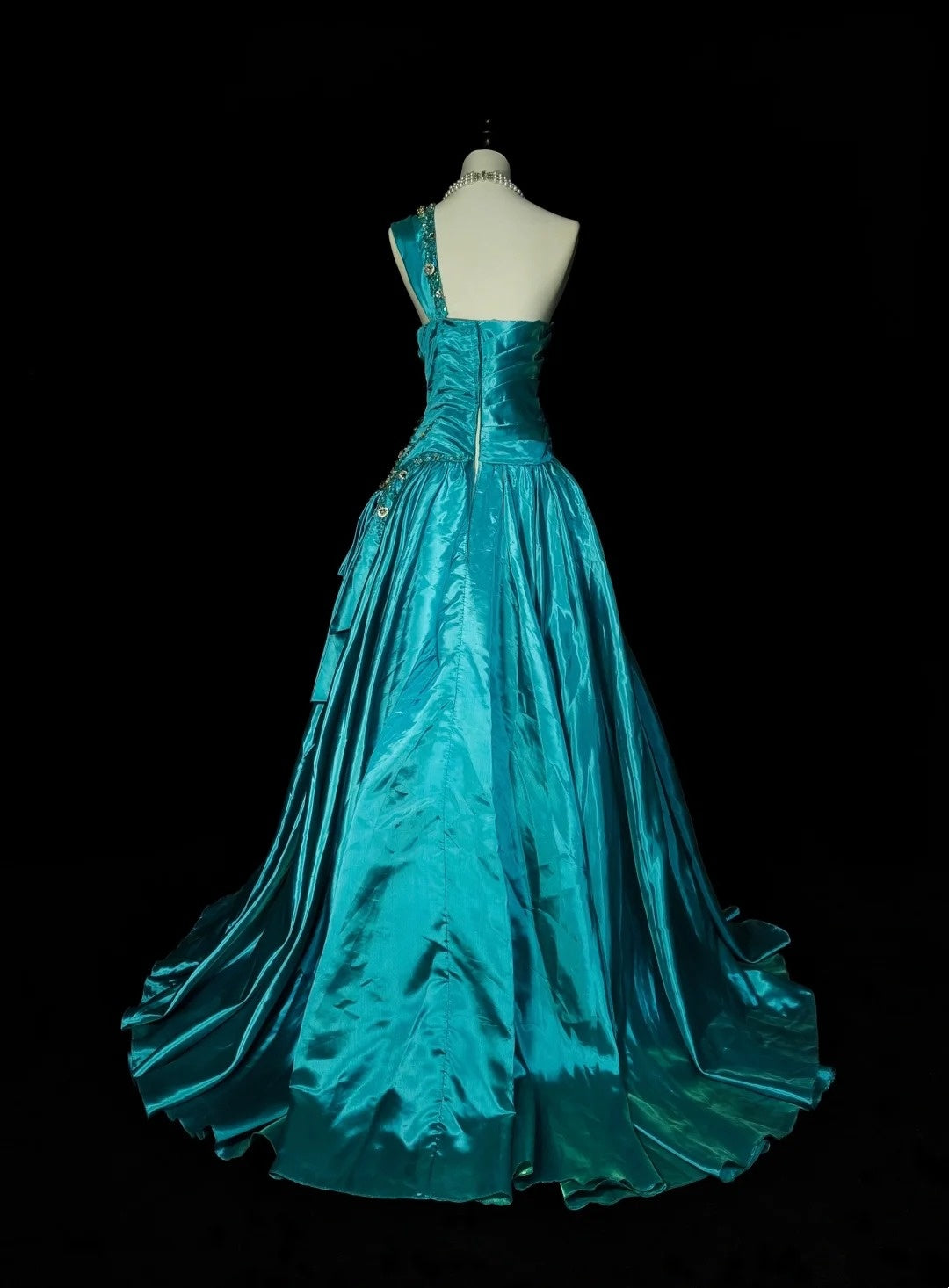 Retro A line One Shoulder Blue Satin Sleeveless 70s Prom Dresses Long Formal Party Gowns N1489