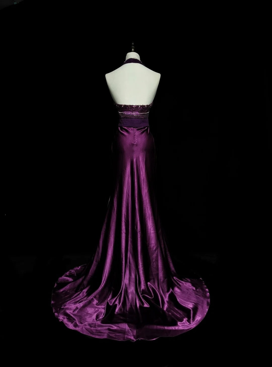 Retro Mermaid Halter Purple Satin With Beaded Sleeveless 70s Prom Dresses Long Formal Party Gowns N1494