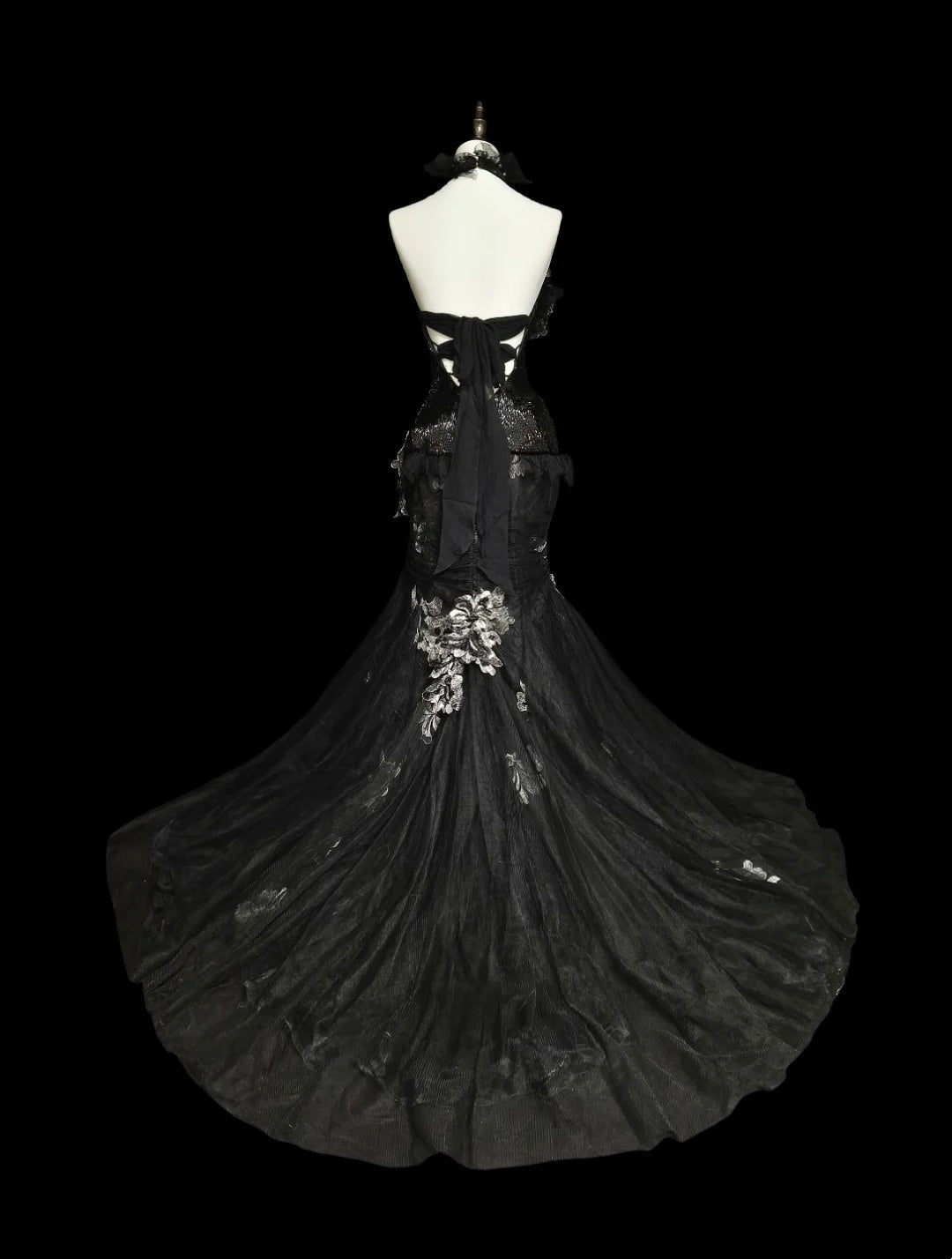 Retro Mermaid Halter Black Tulle With Lace Sleeveless 70s Prom Dresses Long Formal Party Gowns N1500