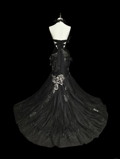 Vintage Prom Dresses Aesthetic 1960s Retro Mermaid Halter Black Lace Long Formal Dress N2148