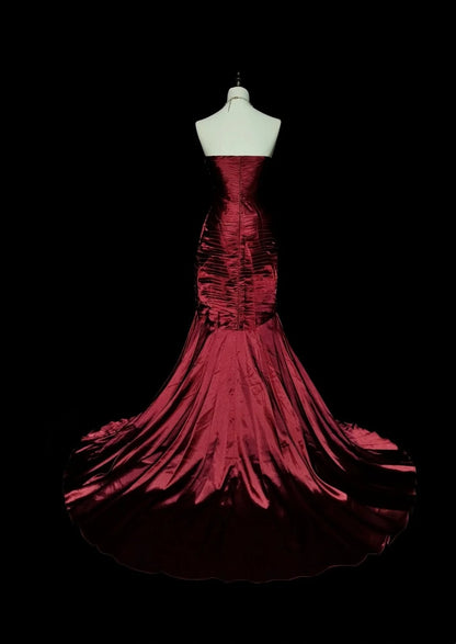 Retro Mermaid Sweetheart Wine Red Burgundy Satin With Beaded Sleeveless 70s Prom Dresses Long Formal Party Gowns N1493