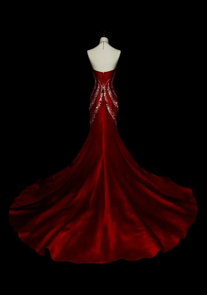 Retro Mermaid Sweetheart Red Satin With Beaded Sleeveless 70s Prom Dresses Long Formal Party Gowns N1492