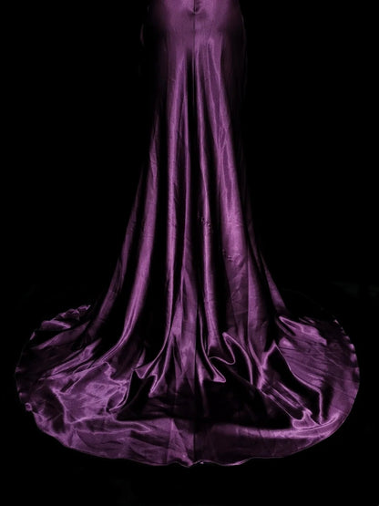 Retro Mermaid Halter Purple Satin With Beaded Sleeveless 70s Prom Dresses Long Formal Party Gowns N1494