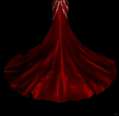 Retro Mermaid Sweetheart Red Satin With Beaded Sleeveless 70s Prom Dresses Long Formal Party Gowns N1492