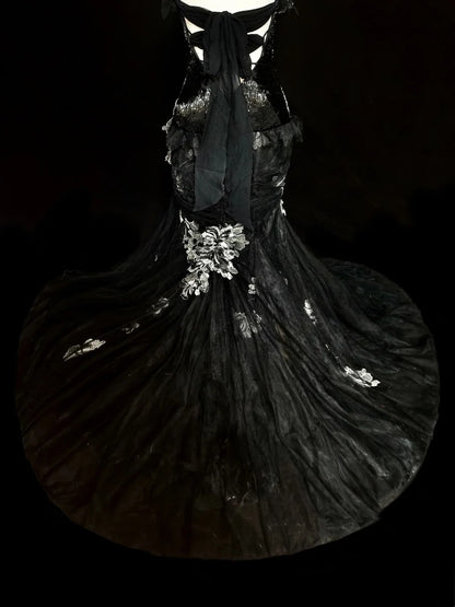 Retro Mermaid Halter Black Tulle With Lace Sleeveless 70s Prom Dresses Long Formal Party Gowns N1500