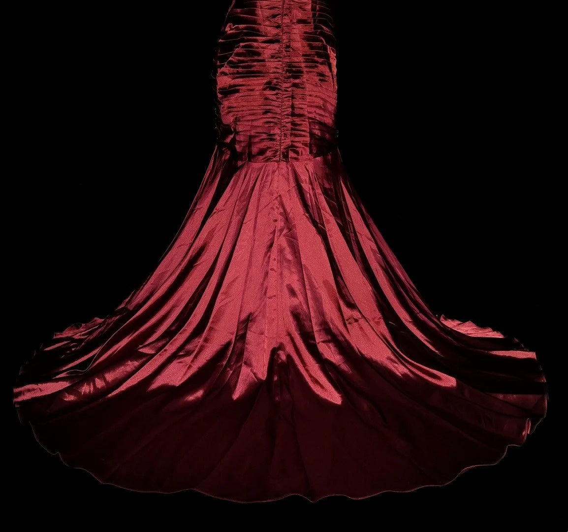 Retro Mermaid Sweetheart Wine Red Burgundy Satin With Beaded Sleeveless 70s Prom Dresses Long Formal Party Gowns N1493