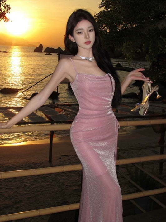 Modest Mermaid Spaghetti Strap Pink Sequin Evening Dresses Slit High School Teens Senior Night Dance Prom Outfits N016