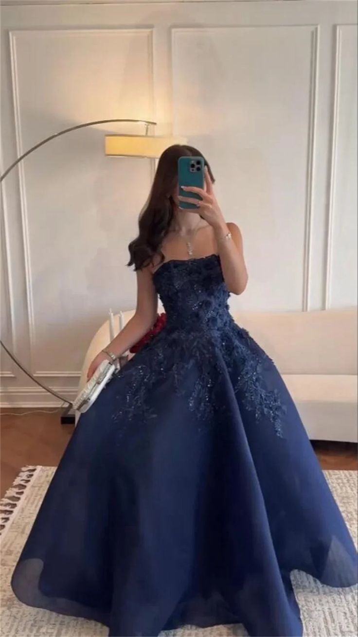 Elegant Navy Blue Strapless Appliques A Line Prom Dress Evening Dress Vestidos De Dia AB512
