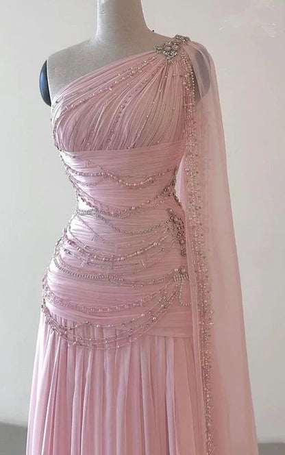 Classy Sheath One Shoulder Pink Long Chiffon Evening Gown Prom Dresses Formal Gowns AB525