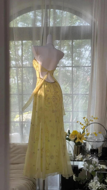 Unique Yellow Prom Dresses Long Beaded Open Back Prom Outfit Vestidos De Dia AB517