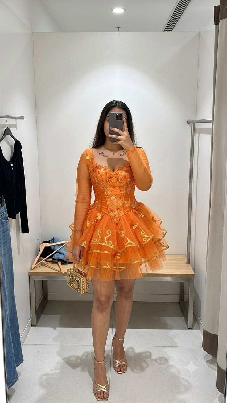 Unique Homecoming Dresses Outfit inspo Ball Gown Sweetheart Orange Long Sleeves 16th Birthday Cocktail Dress Ideas Outfits RB8179