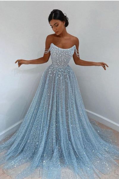 Sky Blue Off-the-Shoulder Prom Dress Long with Sequins AB929