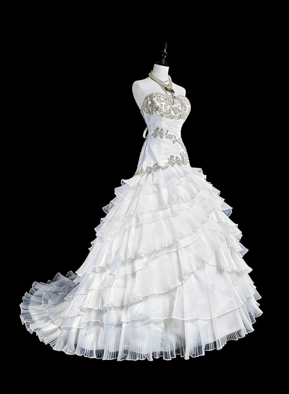 Unique Wedding Dresses Mermaid Strapless White With Ruffles Beaded Crystals Long Bridal Gown N3420