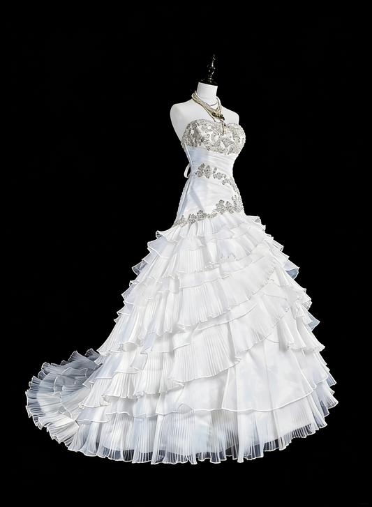 Unique Wedding Dresses Mermaid Strapless White With Ruffles Beaded Crystals Long Bridal Gown N3420