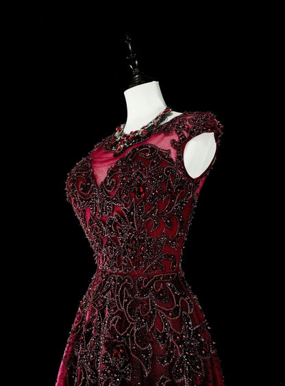 Vintage A line Scoop Burgundy Tulle 70s With Beads Long Prom Gown Party Wear Dresses N1844