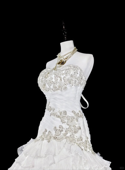Unique Wedding Dresses Mermaid Strapless White With Ruffles Beaded Crystals Long Bridal Gown N3420