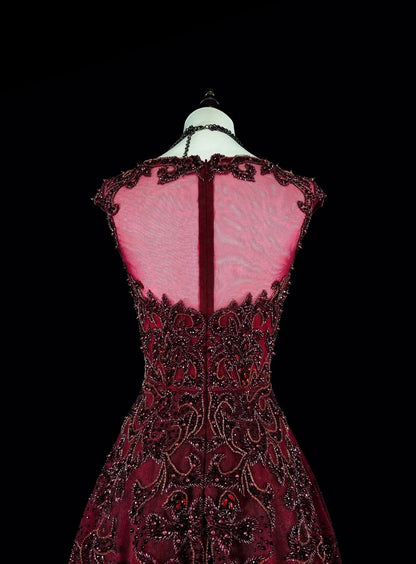 Vintage A line Scoop Burgundy Tulle 70s With Beads Long Prom Gown Party Wear Dresses N1844