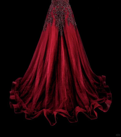 Vintage A line Scoop Burgundy Tulle 70s With Beads Long Prom Gown Party Wear Dresses N1844